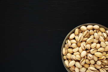 Roasted and Salted Pistachio in Shell. Copy space.