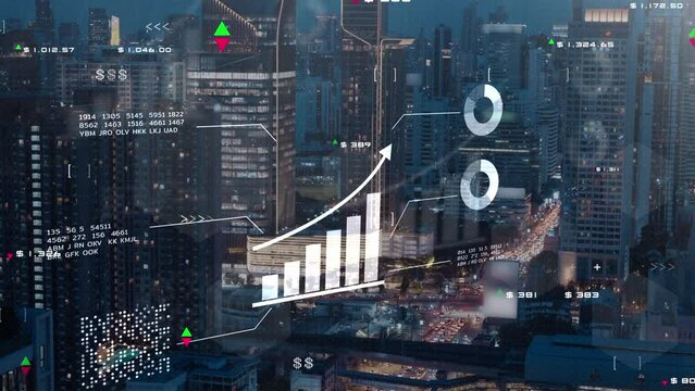 Stock exchange market blockchain, digital money, crypto currency GDP data analytics graph chart, finance business investment data with business district city building background