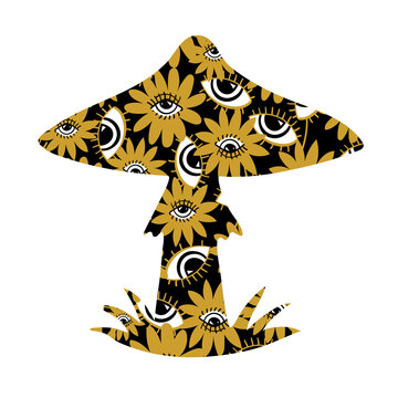 Mushroom silhouette with psychedelic pattern. Fly agaric with a pattern of plants and eyes. The concept of microdosing, drug addiction, treatment with psilocybin mushrooms. Flat vector illustration