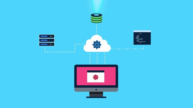 Saas software - cloud computing - online server, database management, cloud storage, coding programming and running application on computer conceptual animation video.