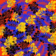 Naklejka na ściany i meble Bright colourful pattern of painted watercolor leaf. Can be used for textile design, wall art, printing, and wallpaper design.