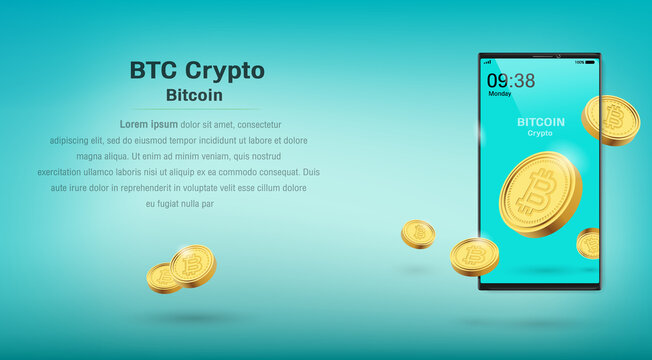 Cripto currency, Bitcoin Crypto on Mobile, Blue background. Banner Vector