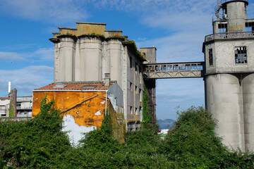 Edificios abandonados de fábricas con enredaderas.