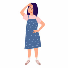 A full-length thinking woman. The man forgot something. Vector illustration in a flat style on an isolated white background.