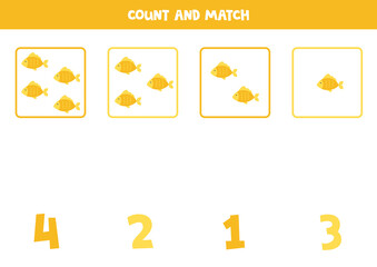 Fototapeta premium Counting game for kids. Count all fish and match with numbers. Worksheet for children.