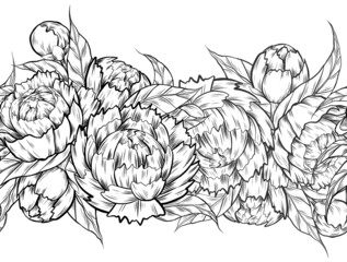 Seamless border with monochrome sketch peony flowers, foliage and hatching isolated from background. Vector outline floral frame.
