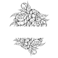 Naklejka premium Vector card template with monochrome sketch of peony flowers, foliage and copy space. Postcard with contour natural frame of floral bouquet