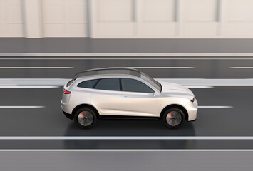 Fototapeta na wymiar Side view of pearl electric SUV driving on the street. 3D rendering image.
