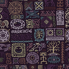 Ethnic handmade ornament, Folk Nordic Symbols. Seamless pattern for your design