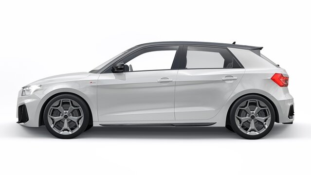 Berlin. Germany. May 12, 2022. Audi A1 S-line 2021. Compact urban premium car in a gray hatchback on a white isolated background. 3d rendering