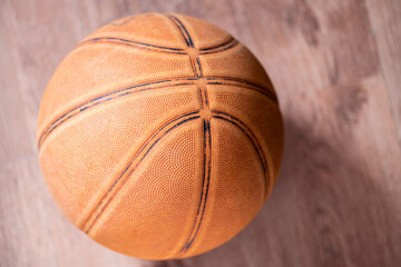 high angle view of basketball on wooden floor