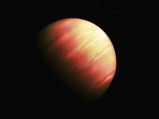 Bright giant planet has a thick atmosphere. Realistic distant exoplanet. View from space.