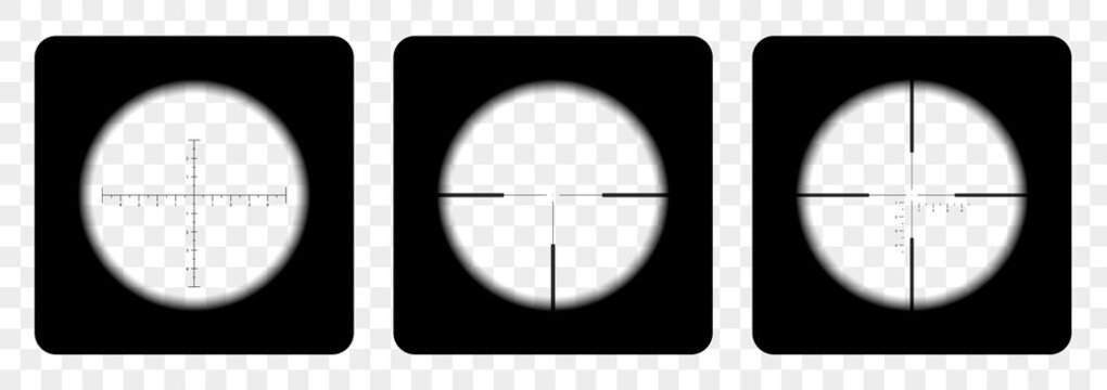 Set of realistic sniper or hunting rifle sights with crosshairs on transparent background, vector