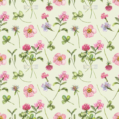 Seamless pattern with wild flowers painted in watercolor. Clover and other wildflower textures. Background for fashion fabric, home textile, wrapping paper, garden decor