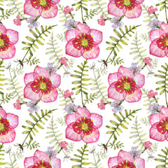 Seamless pattern with wild flowers painted in watercolor. Background for fashion fabric, home textile, wrapping paper, garden decor