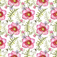 Poster Seamless pattern with wild flowers painted in watercolor. Background for fashion fabric, home textile, wrapping paper, garden decor © Marina