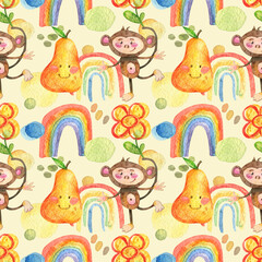 Stylish seamless pattern with watercolor blots, rainbows and hand drawn  cheerful pear and monkey. minimalistic aquarium abstract background