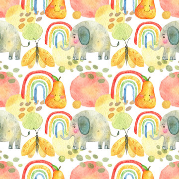 Stylish seamless pattern with watercolor blots, rainbows and hand drawn cute fun pear, butterflies, cute elephants. minimalistic aquarium abstract background