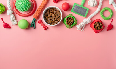 Pet care concept, various pet accessories and tools on pink background, flat lay