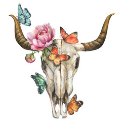 Watercolor illustration of a horned animal skull with pink peony flowers and colorful butterflies.