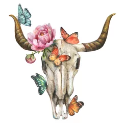 Rollo Boho Aquarellillustration eines gehörnten Tierschädels mit rosa Pfingstrosenblumen und bunten Schmetterlingen.