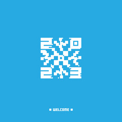 Welcome to the new year 2023! Entry by QR code. New Year's card with a stylized pixel snowflake. Link to the transition into the new year.