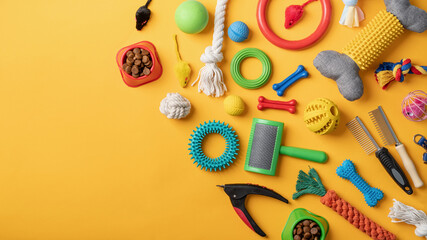 Pet care concept, various pet accessories and tools on yellow background, flat lay