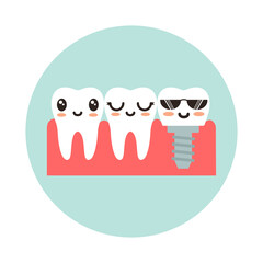 Healthy teeth and a tooth with an implant. Flat vector illustration.