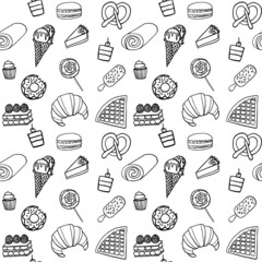 doodle dessert pattern icon set in black ink on white background