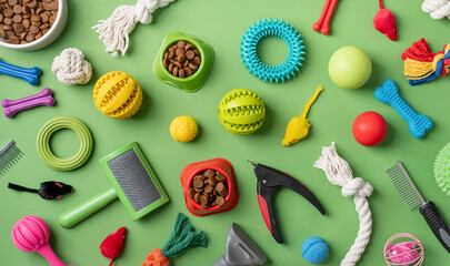 Pet care concept, various pet accessories and tools on green background, flat lay