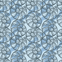 A seamless, hand-drawn drawing of sea creatures in sketch style. Shells and with waves. White background. Isolated. Summer. Ocean. Flat design. Vector simple illustration.