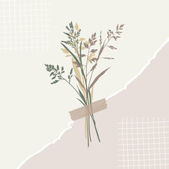 Flowers with scotch tape, Collage bouquet of field herbs with washi tape. Pastel vector illustration