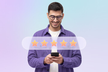 Satisfied client in purple shirt and glasses giving five star feed back using phone app