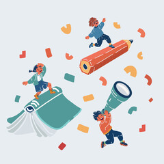  artoon illustration of kids fly up to sky. Student and education concept.