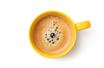 Top view yellow cup of hot coffee isolated on white background. Clipping path.