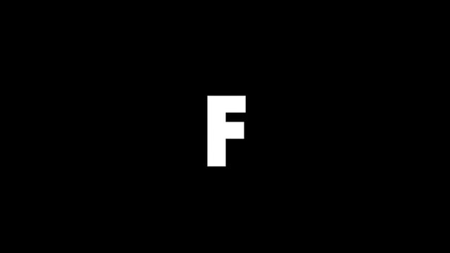 White picture of F on a black background. american alphabet. english language for writing. Distortion liquid style transition icon for your project. 4K video animation for motion graphics and
