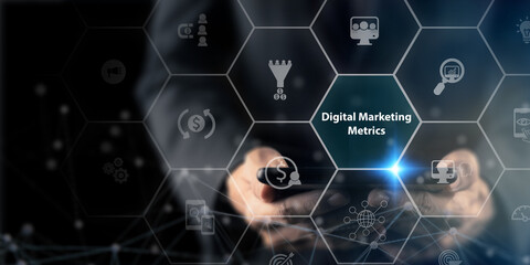 Digital marketing metrics and KPIs concept. Measuring values to prove the effectiveness and success of projects and campaigns across marketing channels.  Metrics of traffic, conversion and revenue.