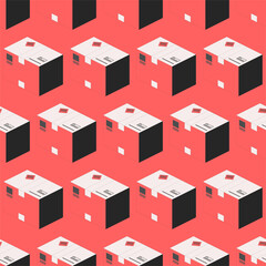 Seamless pattern of parcels boxes on a red background. Isometric vector illustration