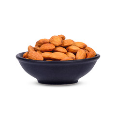 Almonds in a black cup isolated on white background