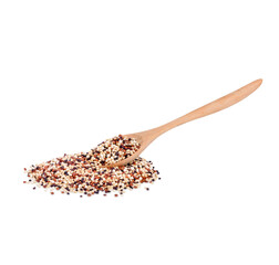 Mixed quinoa seeds in a wooden spoon isolated on white background