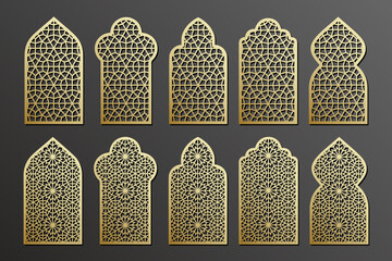Arabian window with traditional ornament, grating laser cut templates set. - obrazy, fototapety, plakaty