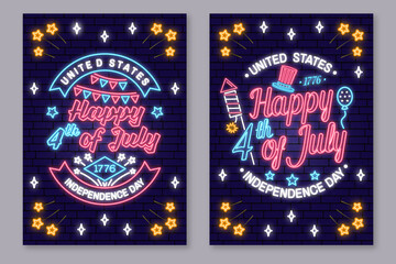 Vintage 4th of july design in retro style. Vector Fourth of July felicitation neon sign. Night bright signboard. Independence day glowing light banner. Patriotic banner for website template.