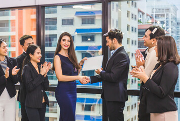 Businesspeople with certificate in the office, Employee gets a certificate of achievement,...