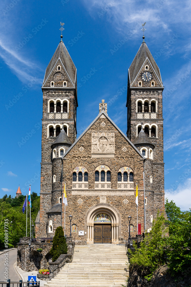 Sticker view of the picturesque and historic Clervaux church in northern Luxembourg