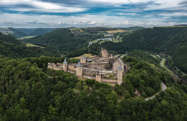 Fototapeta na wymiar drone view of the historic 11th-century Bourscheid Castle in northern Luxembourg