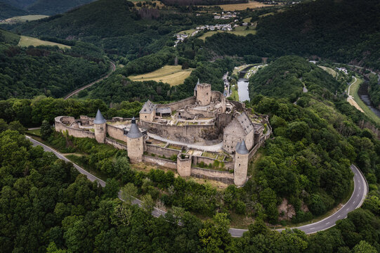 drone view of the historic 11th-century Bourscheid Castle in northern Luxembourg