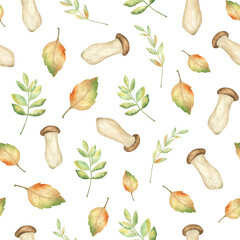Watercolor fall seamless pattern. Forest mushrooms, plants, leaves. Autumn maple and oak tree leaves. Botanical illustration. Digital paper for scrapbooking. Fabric and packing decor