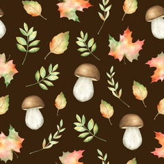 Watercolor fall seamless pattern. Forest mushrooms, plants, leaves. Autumn maple and oak tree leaves. Botanical illustration. Digital paper for scrapbooking. Fabric and packing decor