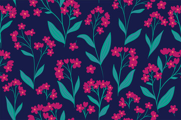 Seamless pattern with red flowers on a blue background. Vector graphics.