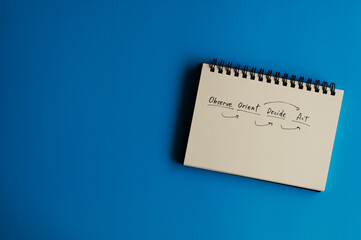 There is note book described about OODA. It's placed on a blue background.